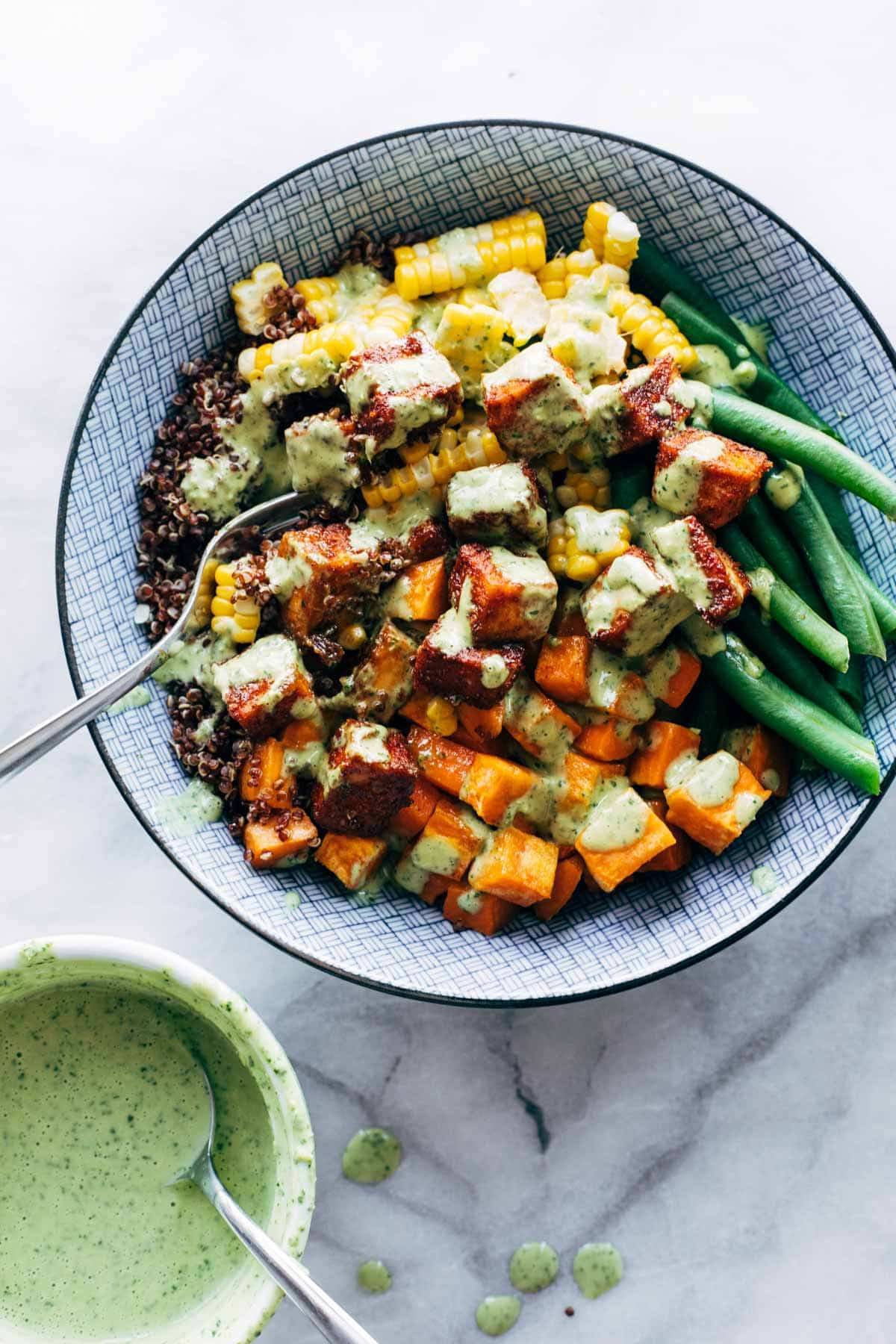 BBQ tofu bowl with green tahini.