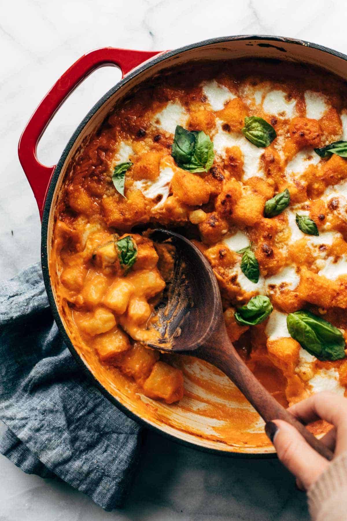 Baked gnocchi with vodka sauce in a dutch oven.