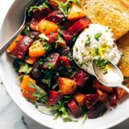 Toast with an beets and burrata.