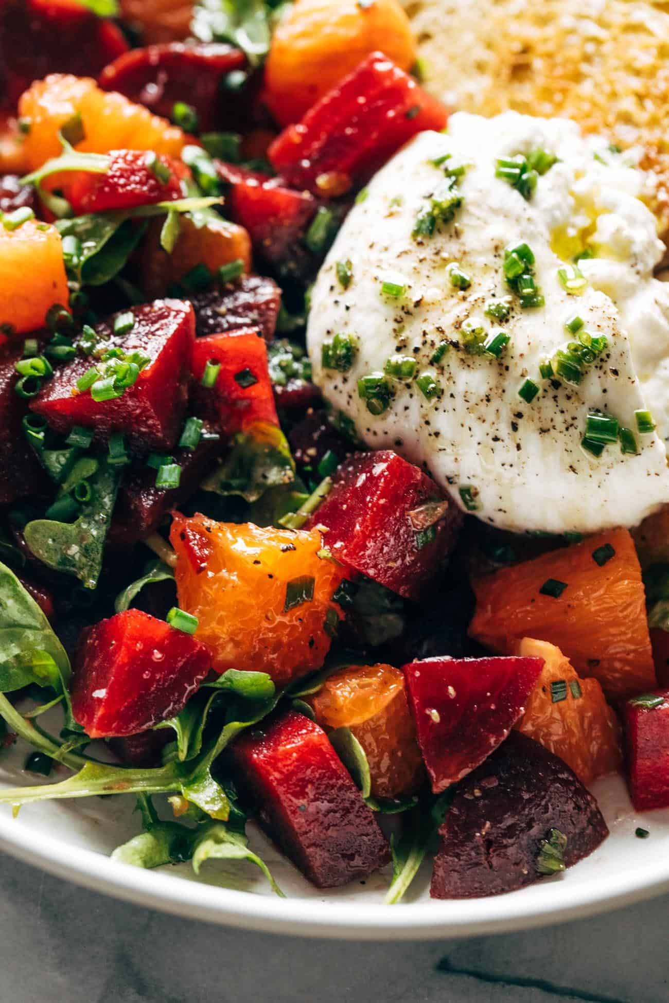 Close-up of beet and burrata salad