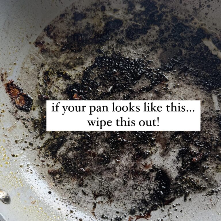 Browned bits in a pan after frying chicken. Text says "If your pan looks like this, wipe it out!"