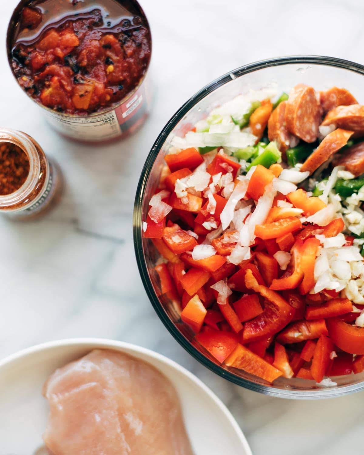 Ingredients for creole chicken and sausage.