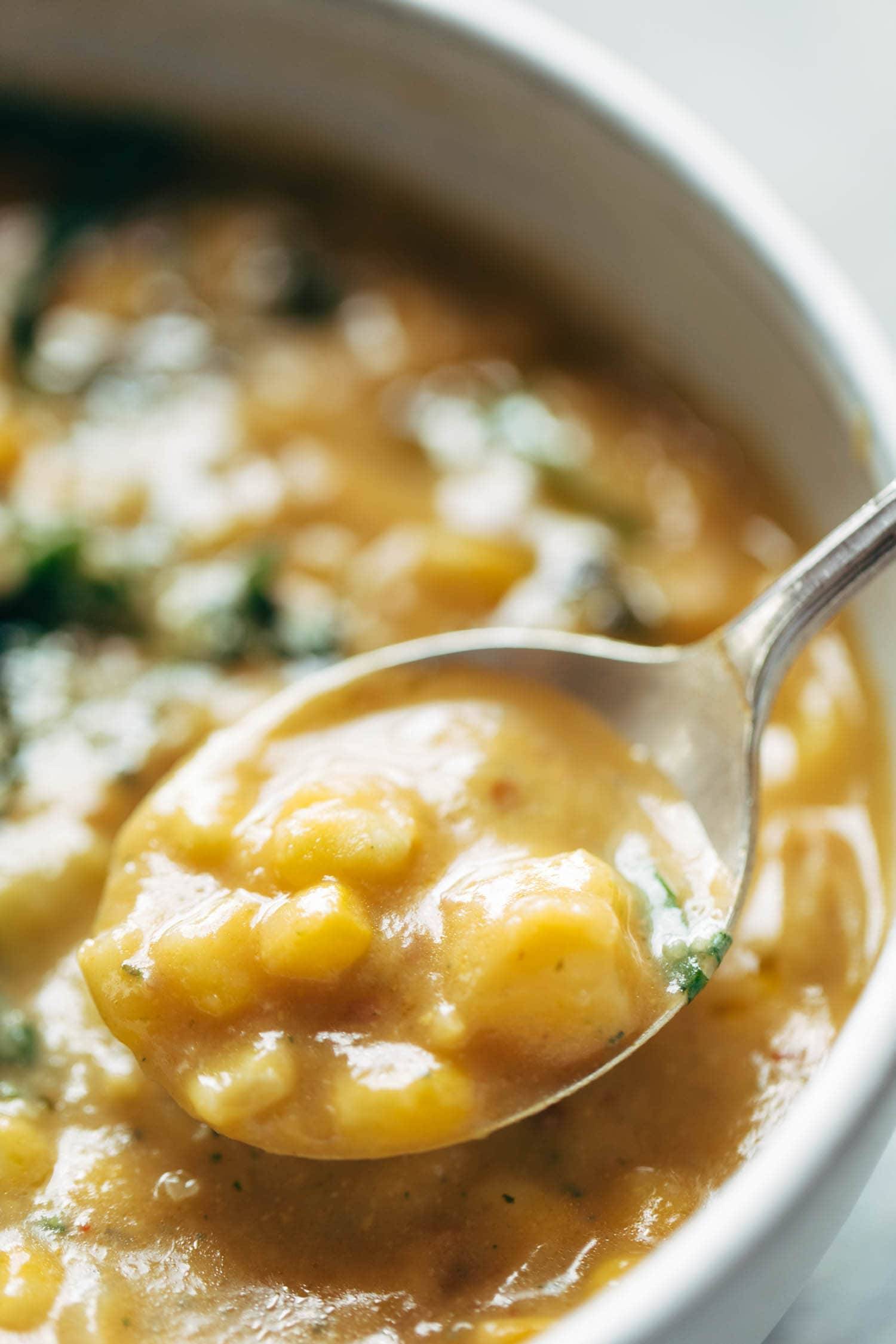 Chipotle Corn Chowder :: creamy, just a little spicy, and chock-full of summer produce like corn, zucchini, and basil. vegan, gluten free. | pinchofyum.com