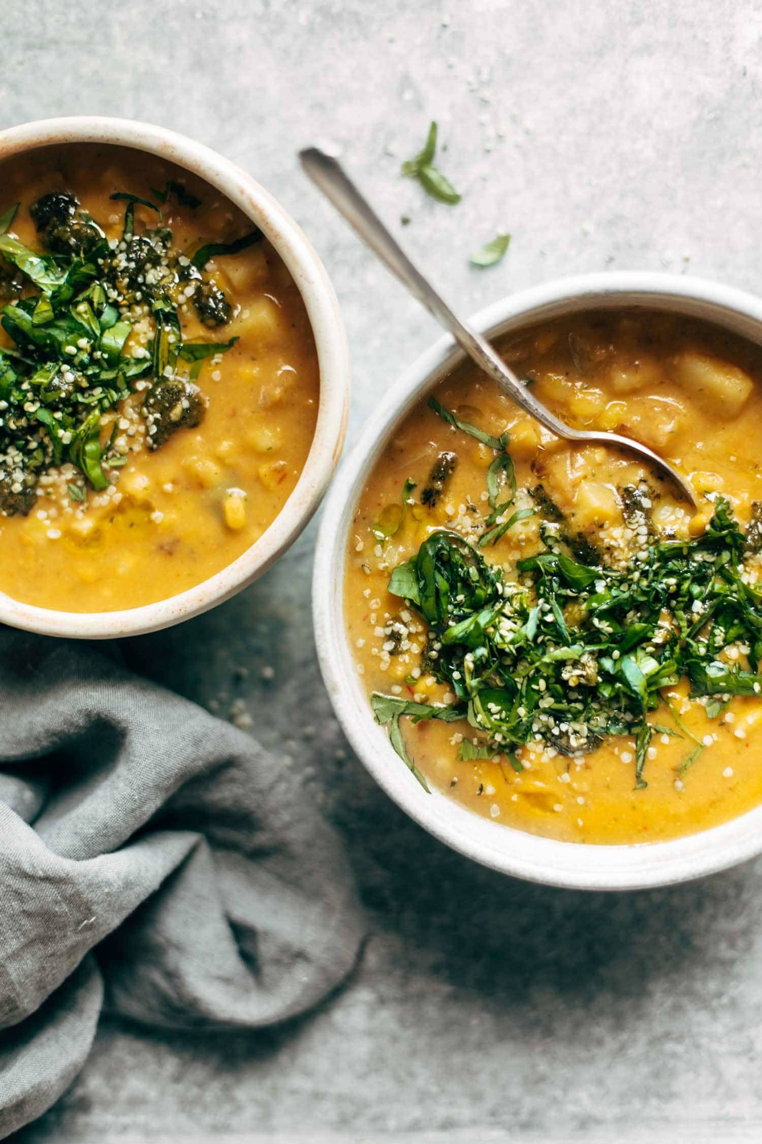 Chipotle Corn Chowder :: creamy, just a little spicy, and chock-full of summer produce like corn, zucchini, and basil. vegan, gluten free. | pinchofyum.com