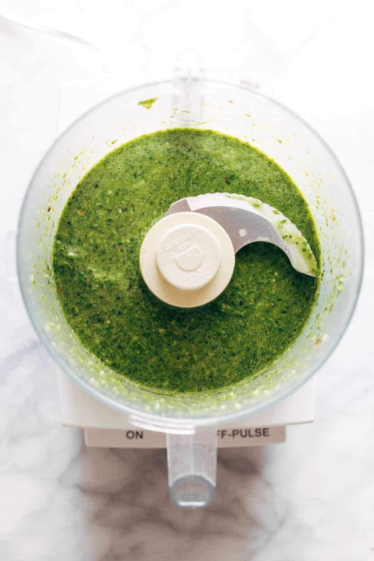 Basil lime vinaigrette in a food processor.