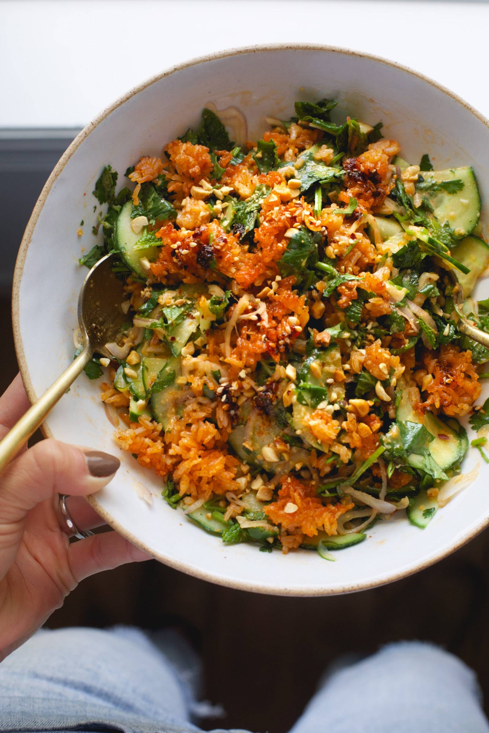 Crispy rice salad in a bowl.