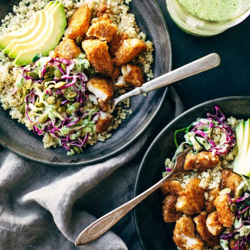 A picture of Spicy Fish Taco Bowls with Cilantro Lime Slaw