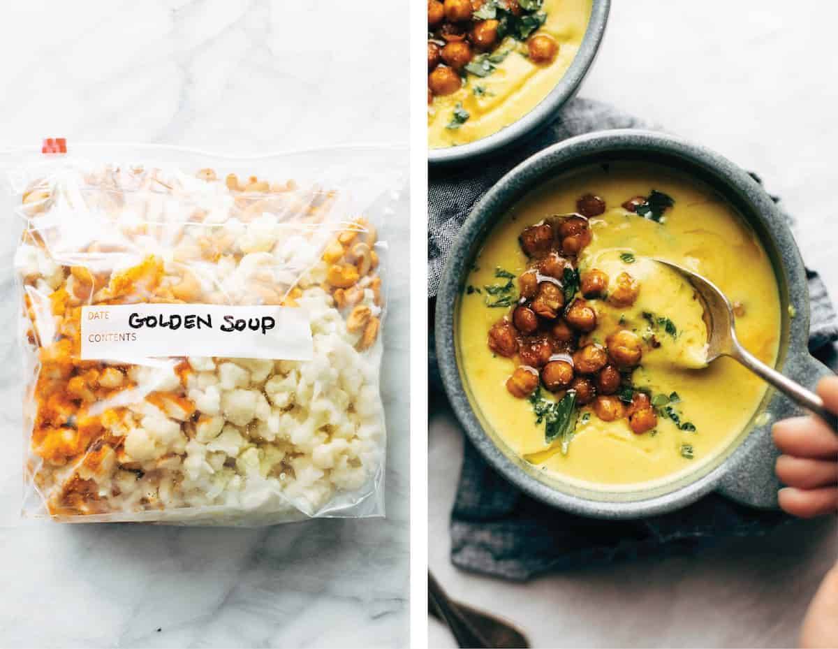 Golden soup in a bowl with a spoon.