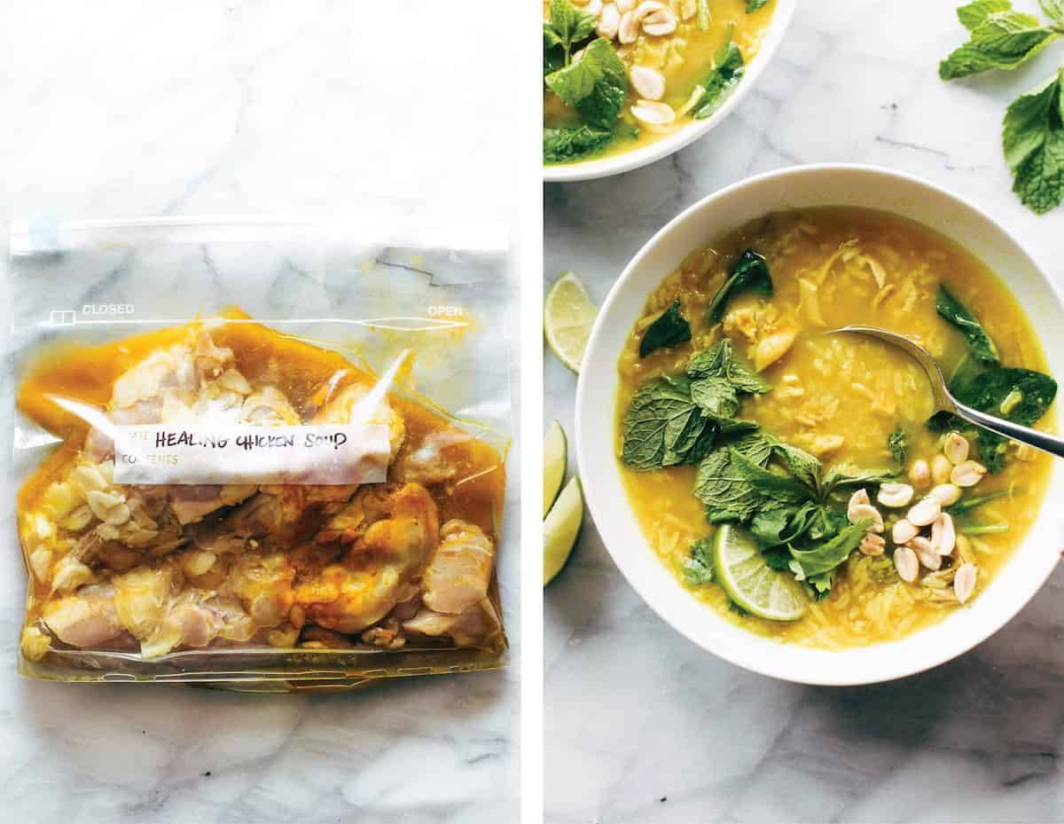 Healing Chicken Soup in a bag and then in a bowl with a spoon.