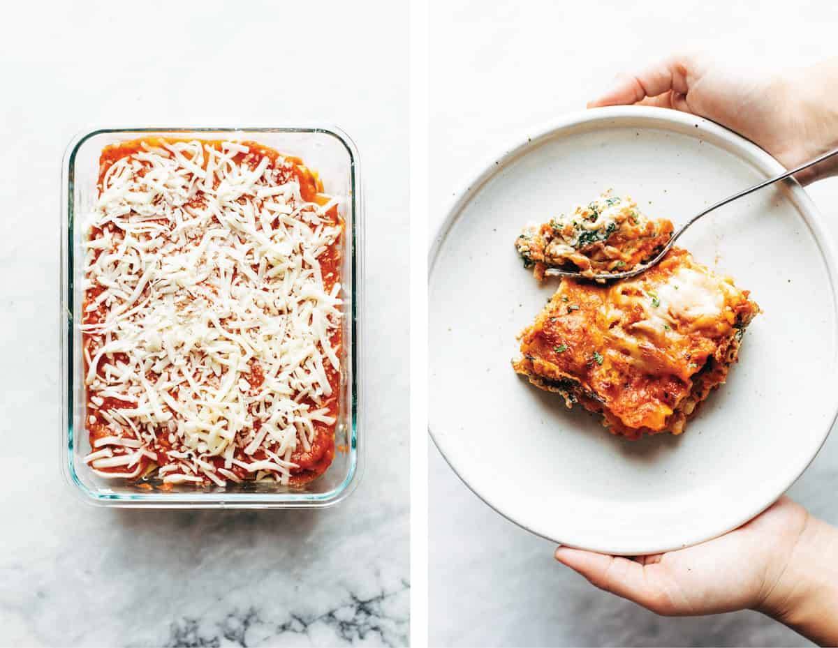 A pan of uncooked lasagna and a slice of cooked lasagna on a plate.