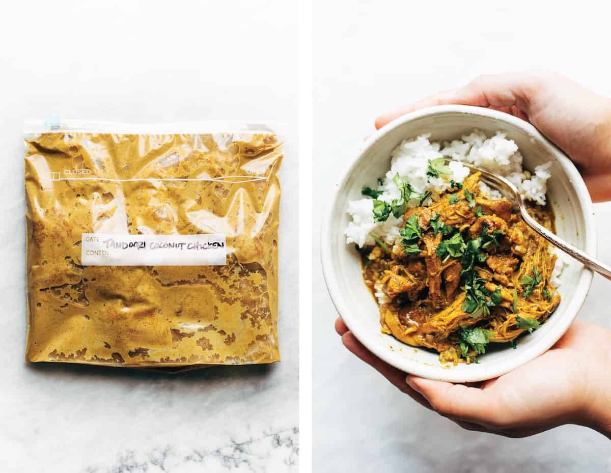 Tandoori coconut chicken in a plastic bag and a bowl of rice.