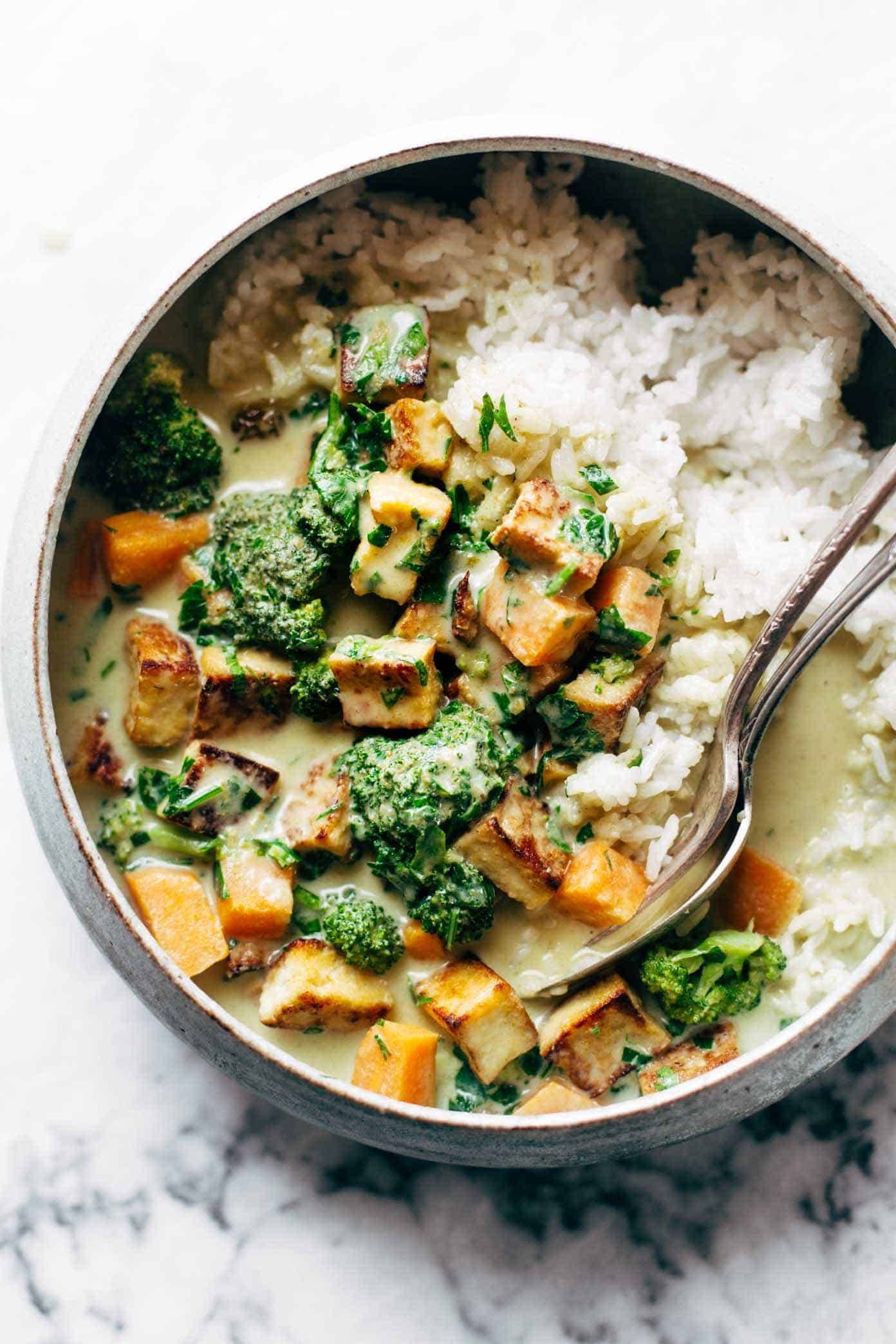 Green Curry in bowl with spoon.