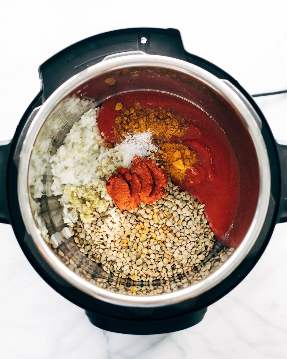 Ingredients for red curry lentils in the Instant Pot.