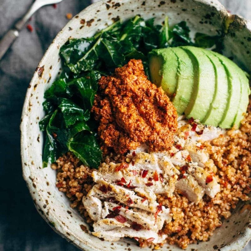 A picture of Marinated Kale and Chicken Bowls with Sun Dried Tomato Sauce