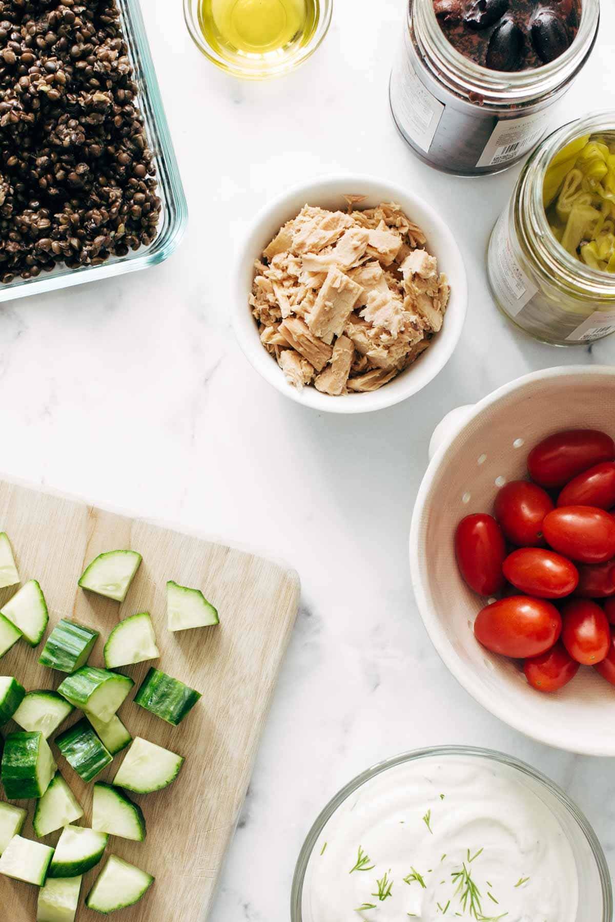 Ingredients for Lentil Greek Salad.