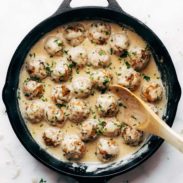 Vegetarian Swedish Meatballs in pan with gravy.