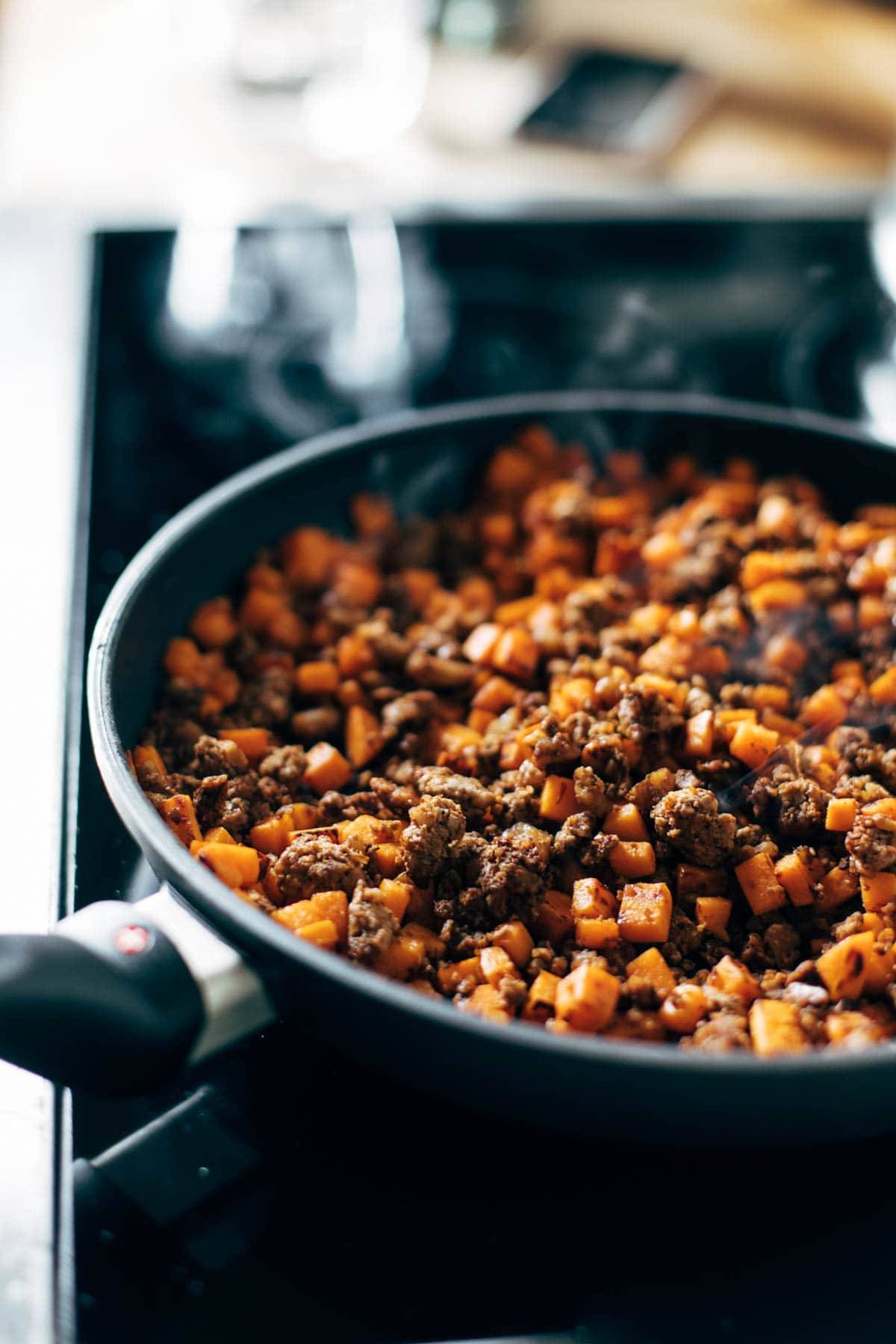 Cauliflower walnut taco meat with sweet potatoes.