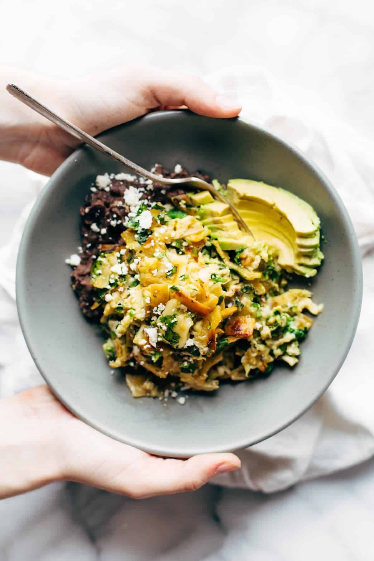 Migas in a bowl with a fork.