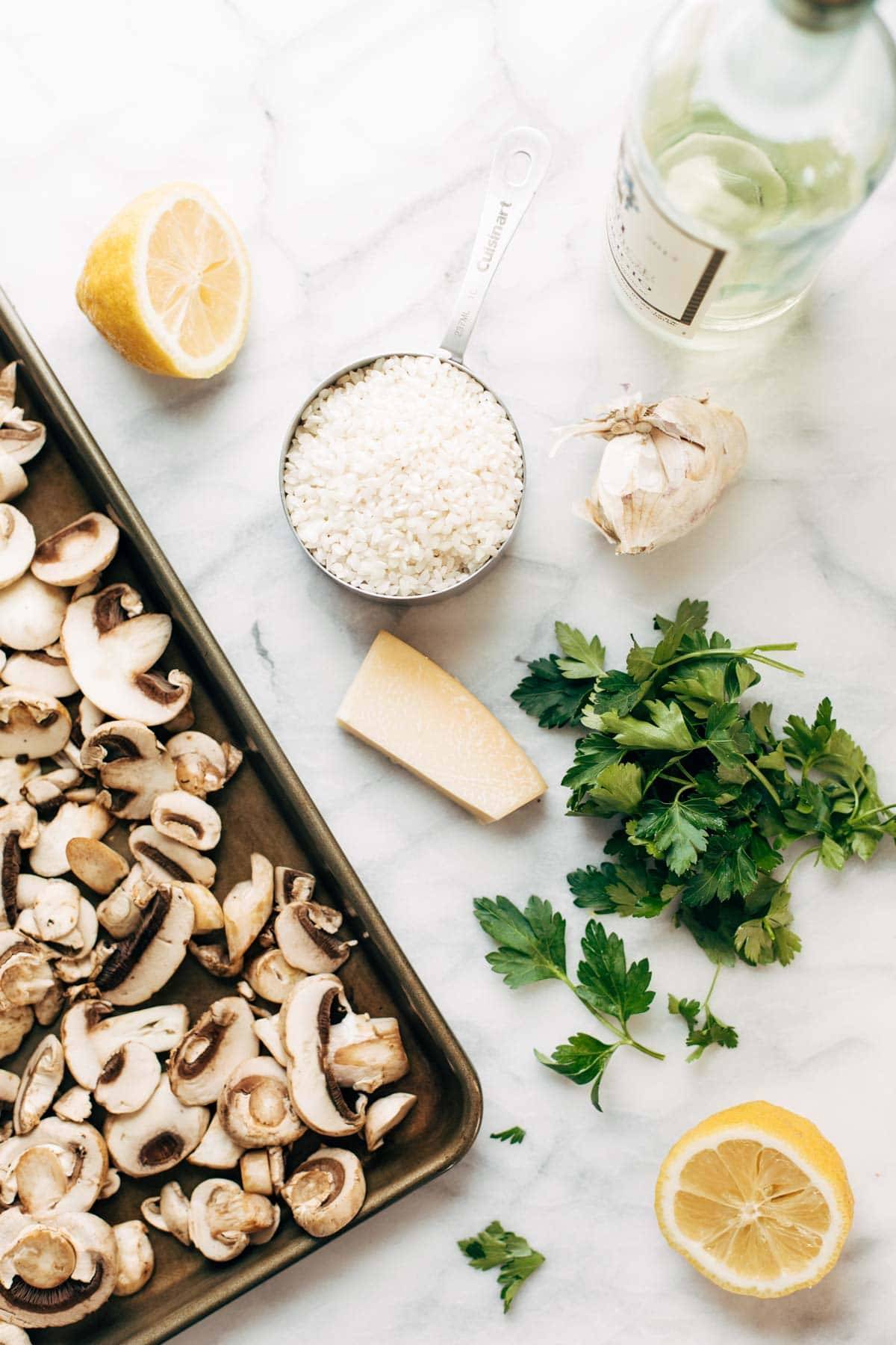 Mushrooms on baking sheet.