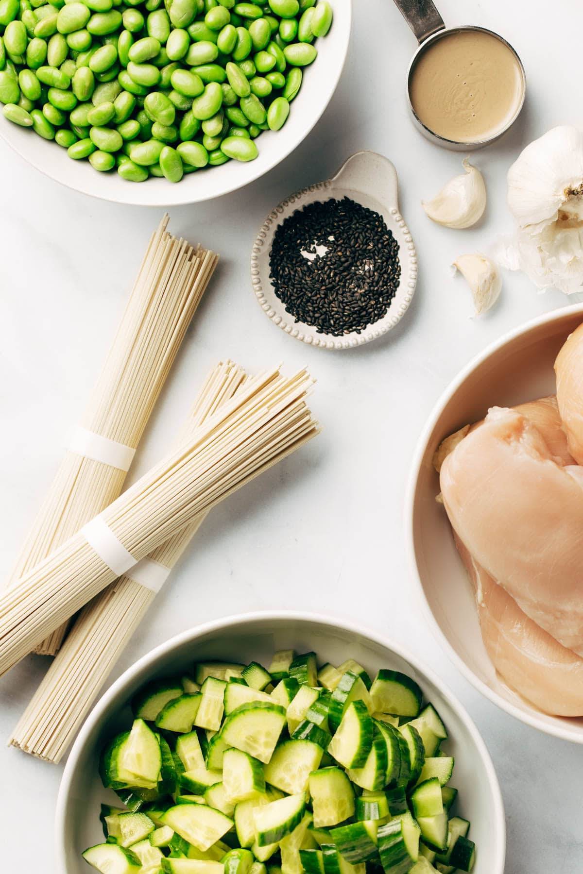 Ingredients for sesame noodle bowls.