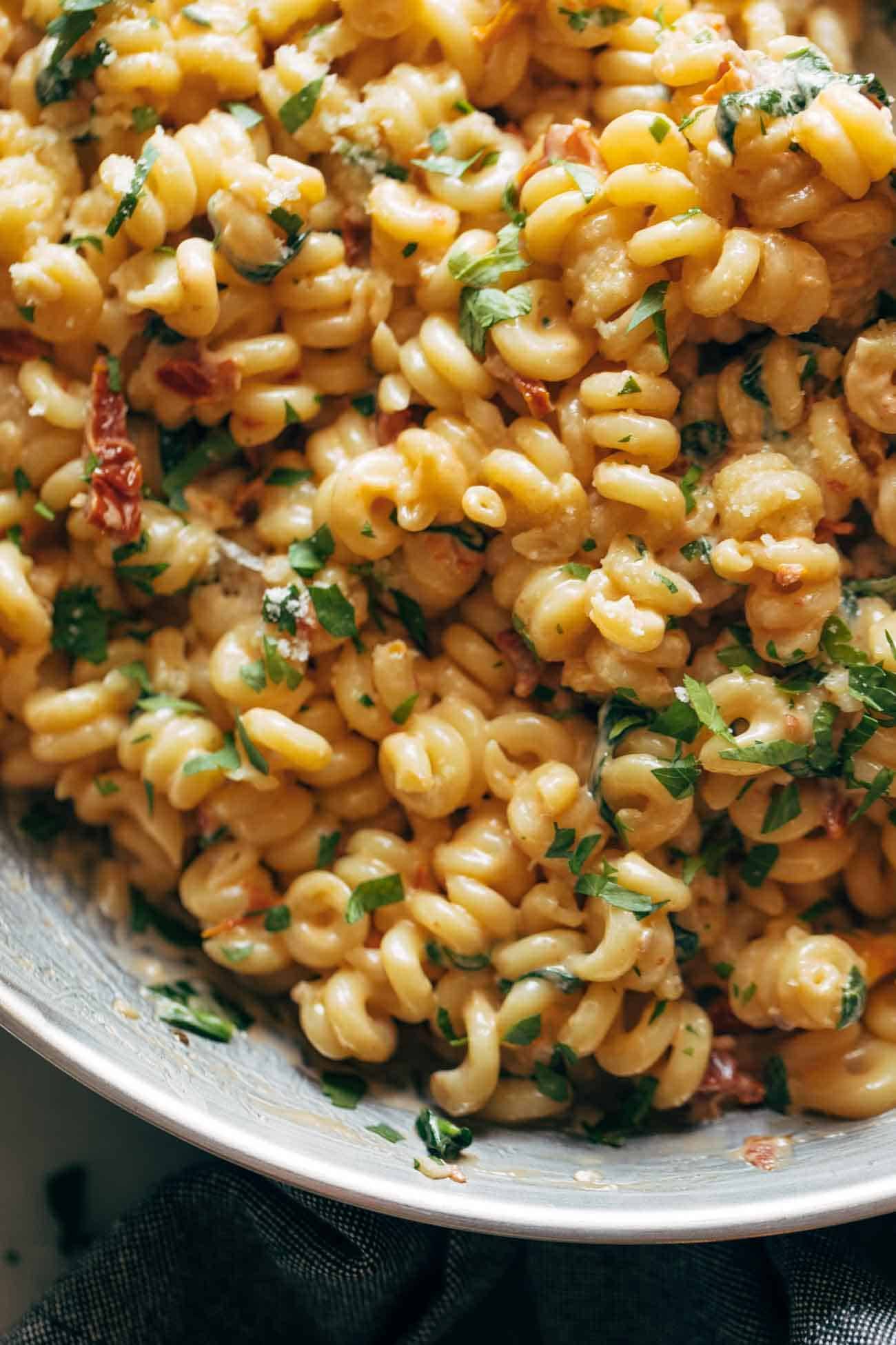 Close-up of sun-dried tomato pasta