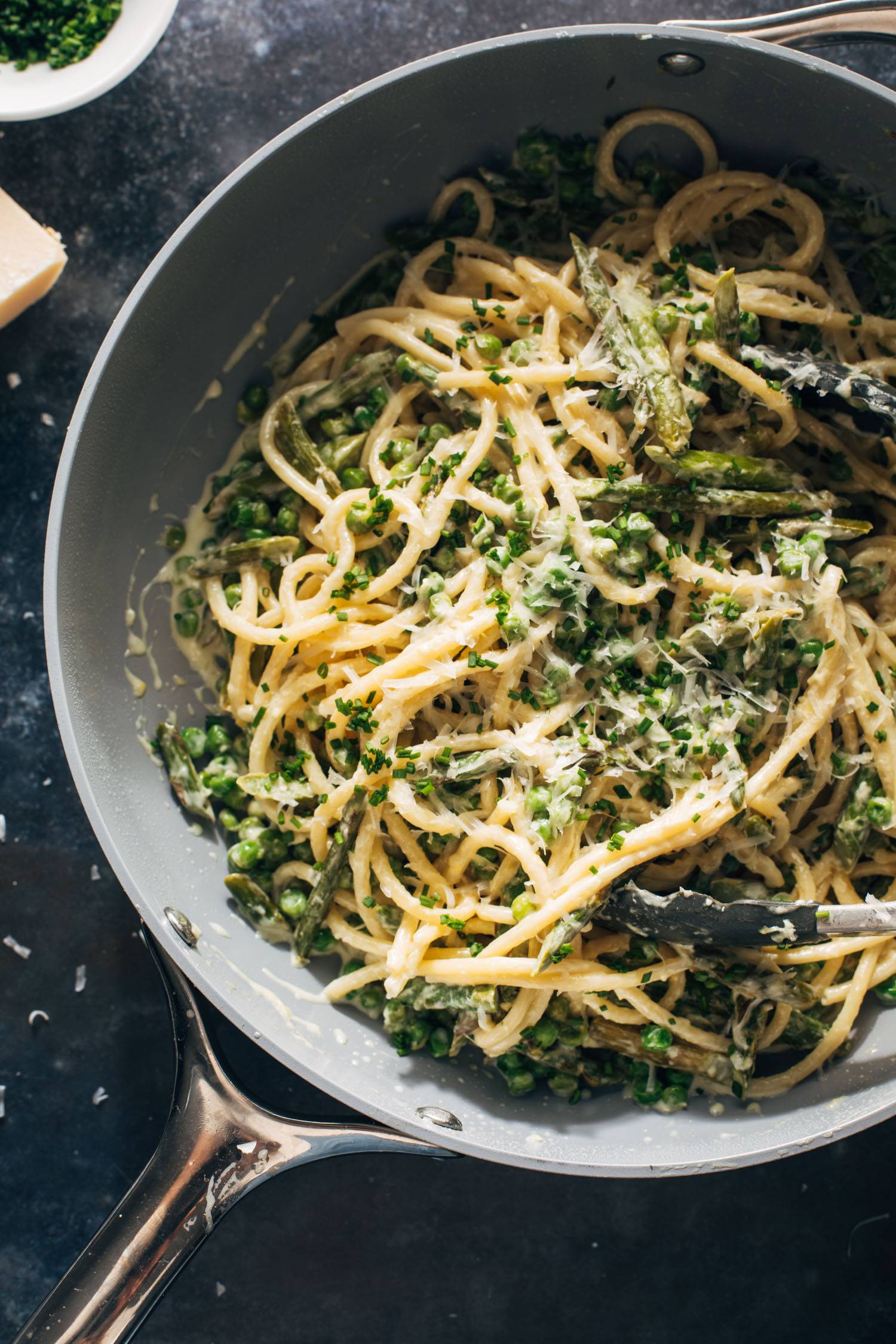 Spring bucatini in a pot