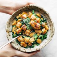 Sweet Potato Gnocchi in bowl with broccoli rabe.