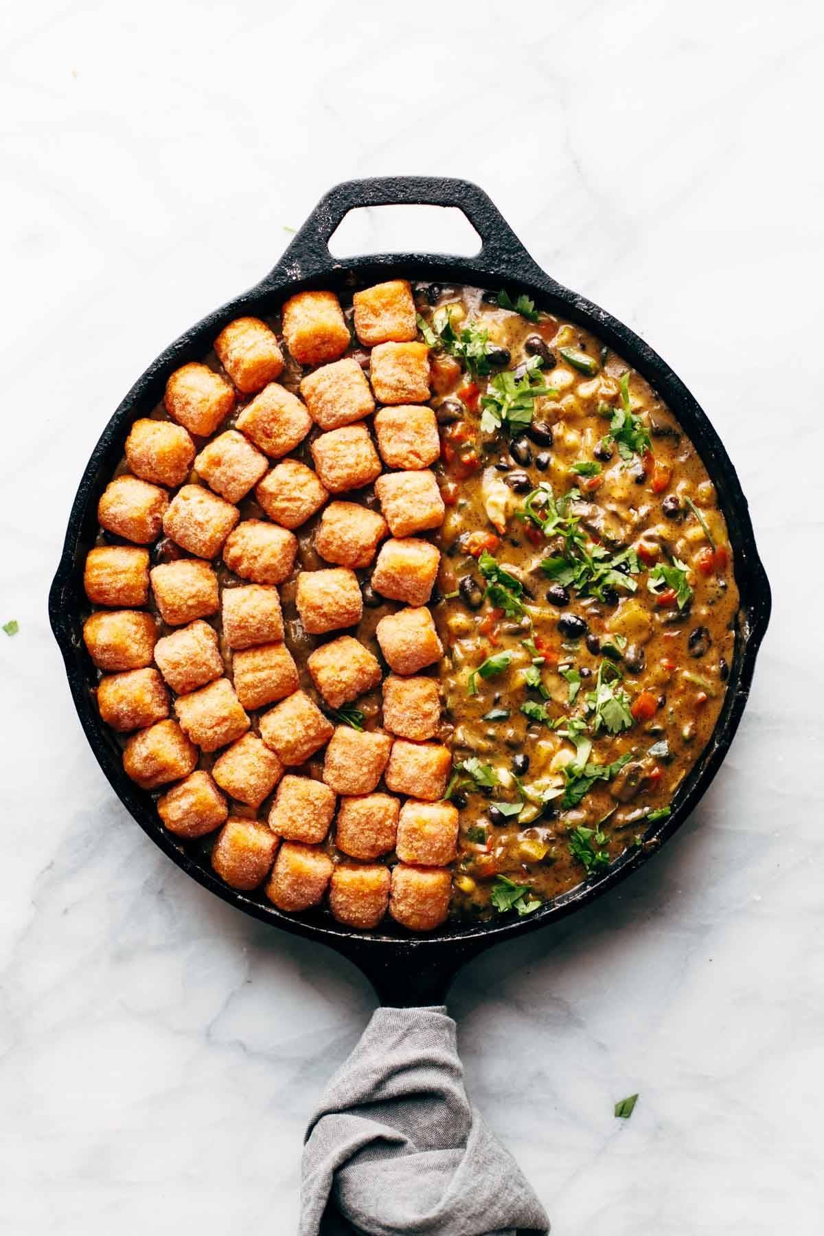 sweet potato tater tot hotdish in a skillet