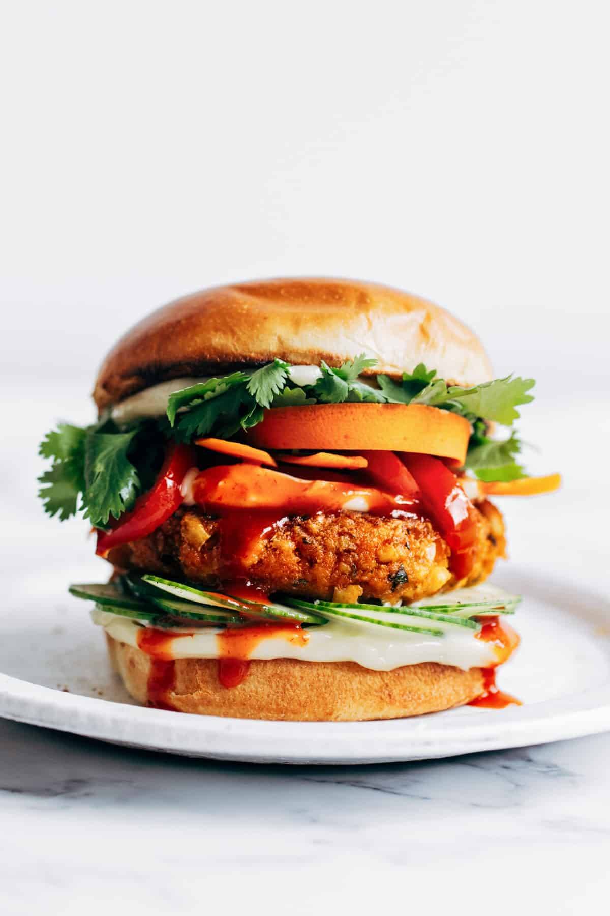 Tofu burger with toppings.