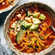 Chicken tortilla soup in a bowl.