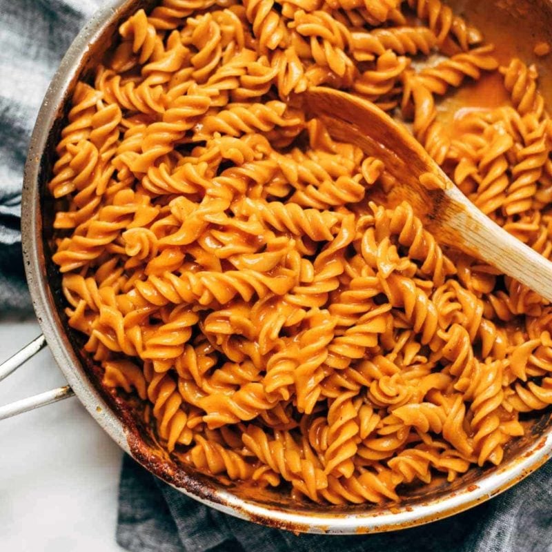 Vegan vodka pasta in a pan.