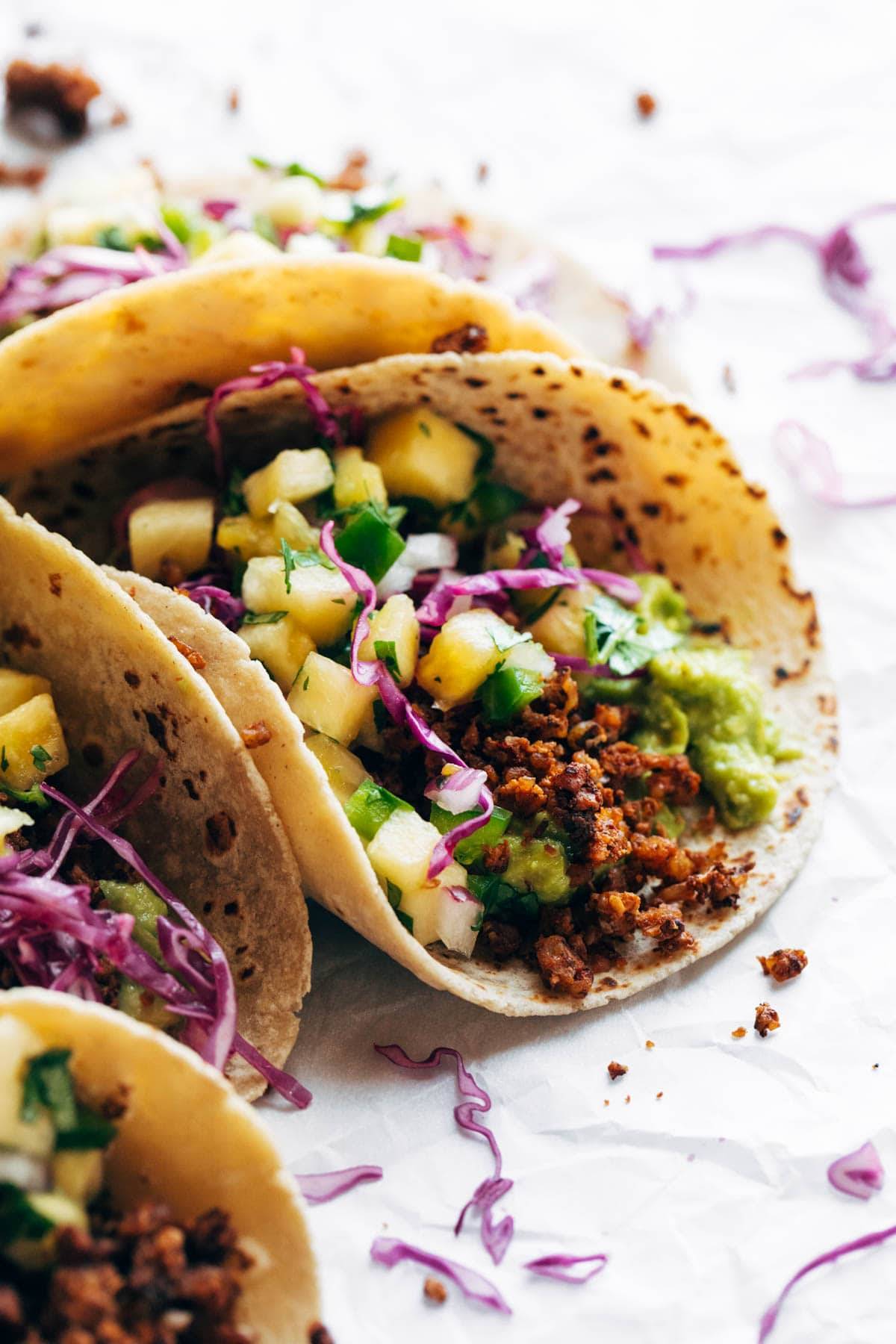 Close-up of walnut chorizo tacos.