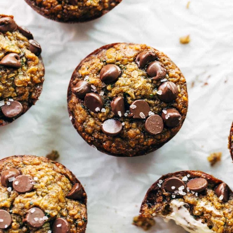 Zucchini muffins with chocolate chips on top.