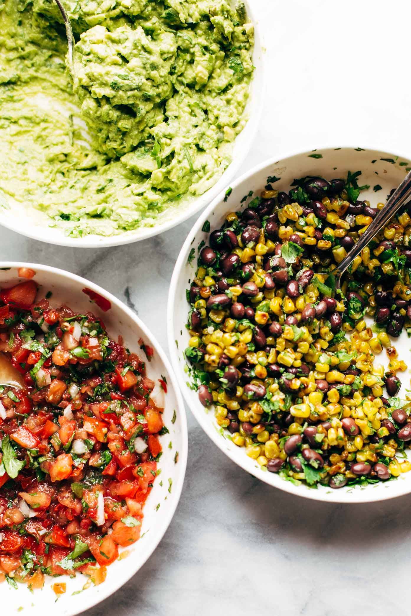 Guacamole and salsas for vegan crunchwrap supreme.