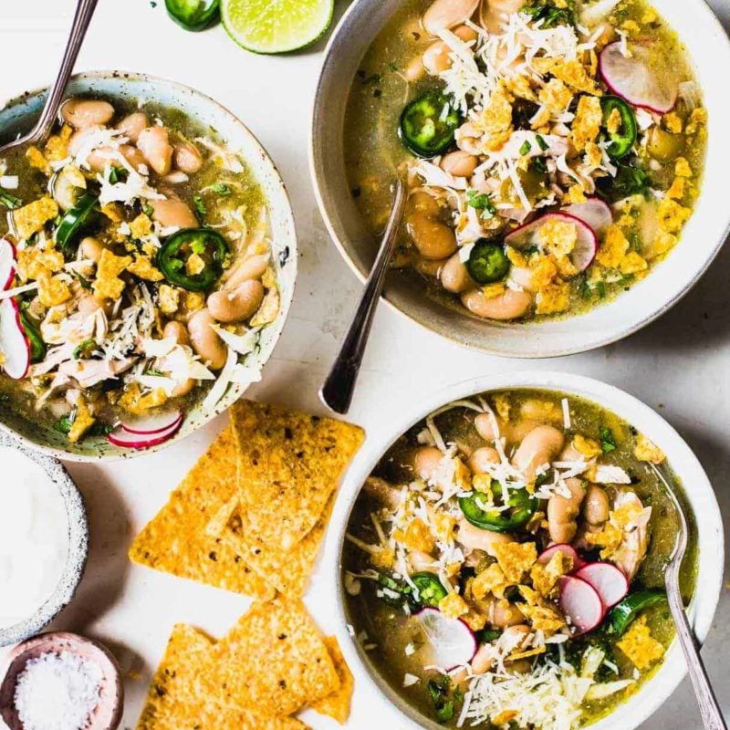 Jalapeño lime chicken soup in bowls.