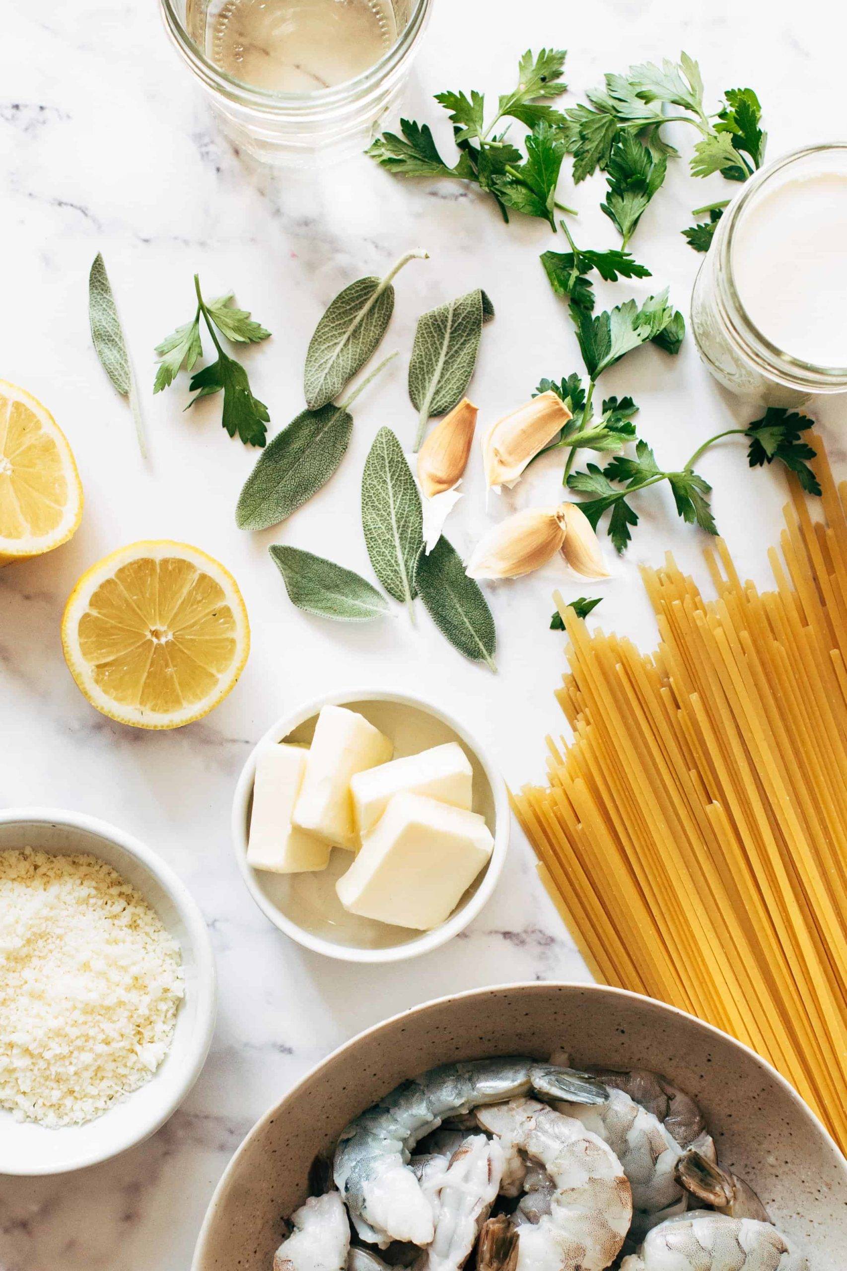 Ingredients for white wine shrimp linguine.